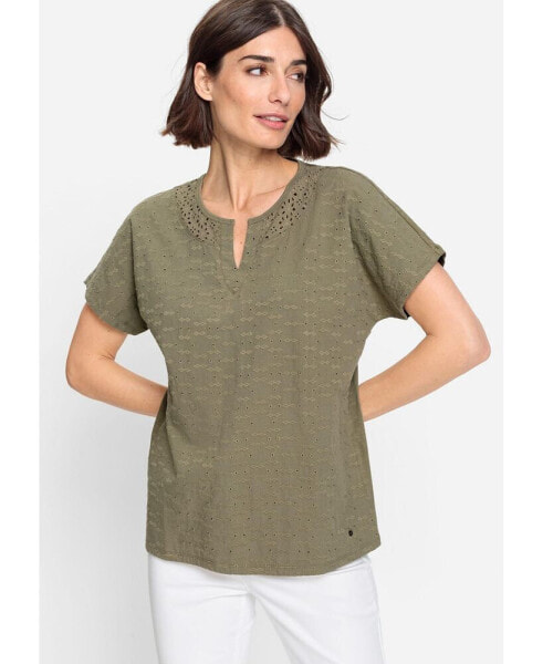 Women's 100% Cotton Short Sleeve Split Neck Eyelet T-Shirt