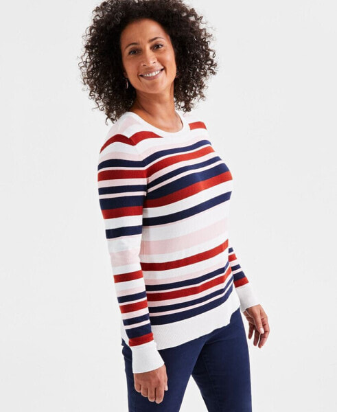 Women's Striped Crewneck Long-Sleeve Sweater, Created for Macy's