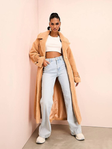 ASOS LUXE borg longline trench coat with ruched waist in camel