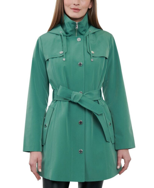 Women's Hooded Belted Zip-Front Rain Coat