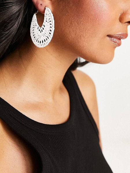 ASOS DESIGN hoop earrings with crochet design in white