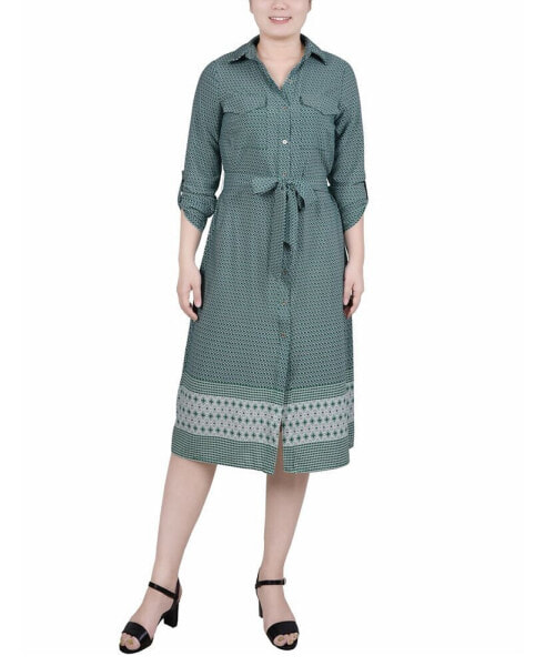 Petite 3/4 Roll Tab Sleeve Belted Shirtdress