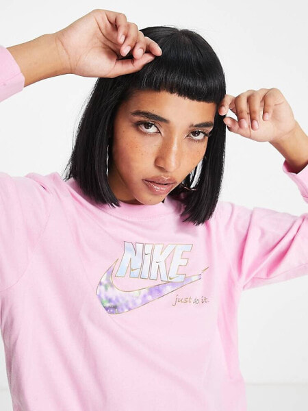 Nike sparkle swoosh graphic logo long sleeve t-shirt in pink
