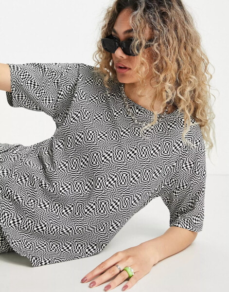 Noisy May exclusive oversized t-shirt co-ord in black wavy checkerboard