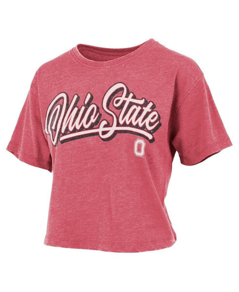 Women's Scarlet Distressed Ohio State Buckeyes Team Script Harlow Vintage-Like Waist Length T-shirt