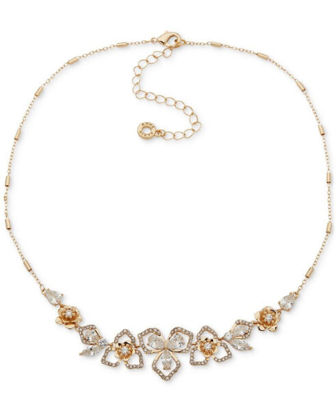 Gold-Tone Crystal Flower Frontal Necklace, 16" + 3" extender
