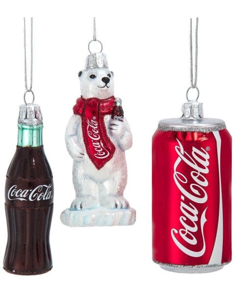 Kurt Adler Set Of 3 3.5In Glass Coke Mini Ornaments Multicolor