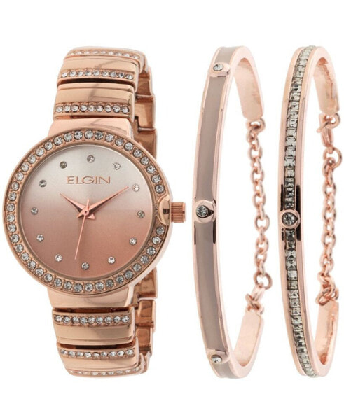 Women's 3 Piece Rose Gold-Tone Strap Watch and Bracelet Set