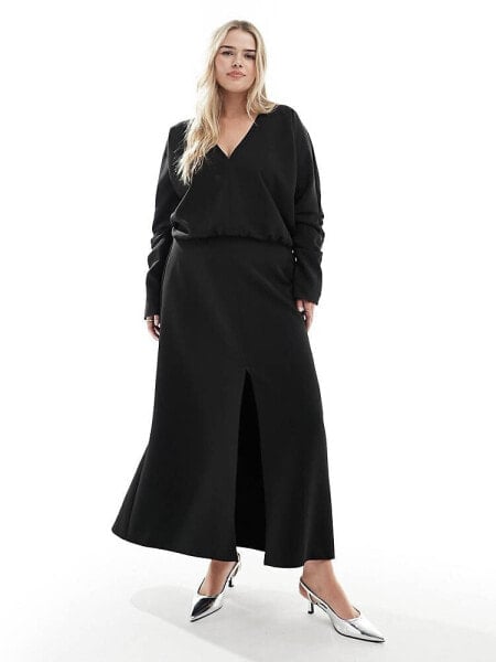 ASOS DESIGN Curve v neck long sleeve blouson midi dress with front split in black