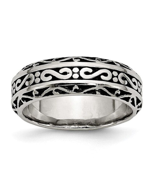 Stainless Steel Antiqued Polished Swirl Design 7mm Band Ring