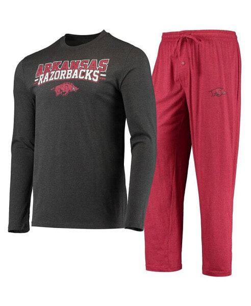 Men's Cardinal, Heathered Charcoal Distressed Arkansas Razorbacks Meter Long Sleeve T-shirt and Pants Sleep Set