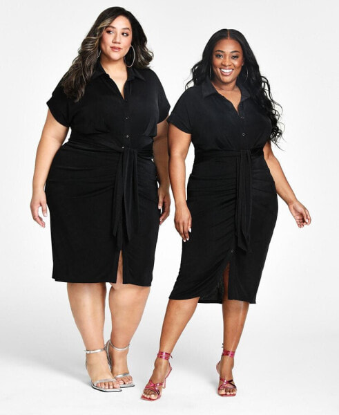 Trendy Plus Size Tie-Front Ruched Shirtdress