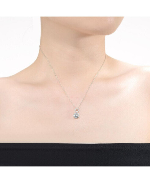 White Gold Plated with Cubic Zirconia Solitaire Double Halo Drop Pendant Necklace