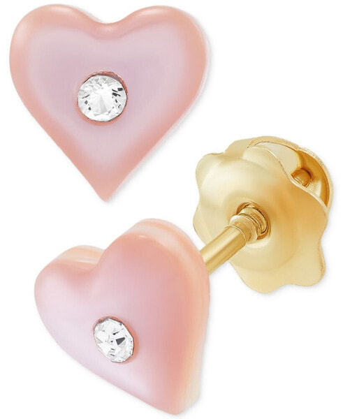 Children's Pink Mother of Pearl & Crystal Heart Stud Earrings in 14k Gold