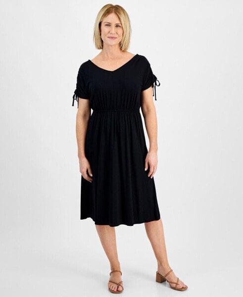 Petite V-Neck Shirred-Sleeve Knit Dress, Created for Macy's