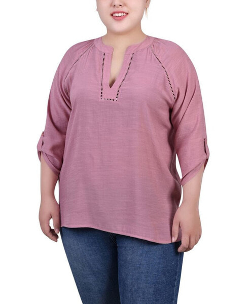 Plus Size Raglan Sleeve Split Neck Blouse