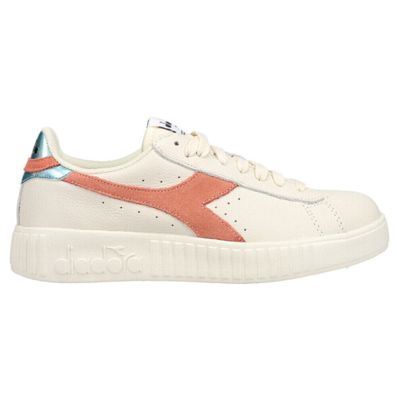 Diadora Game Step Premium Tumbled Leather Lace Up Womens Off White, Orange Snea