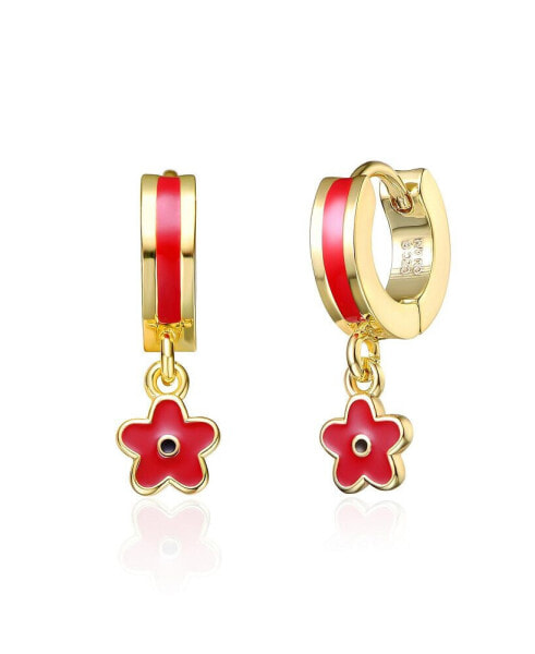 14k Yellow Gold Plated Red Enamel Dangle Flower Earrings for Toddler/Kids