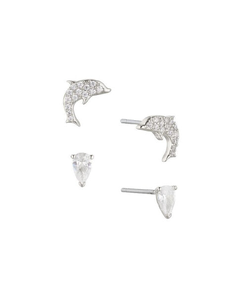 Rhodium Cubic Zirconia Dolphin Style and Pear Shaped Stud Earrings Set of Two Pair