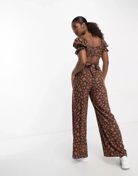 Miss Selfridge tie back wide leg jumpsuit in brown animal ditsy