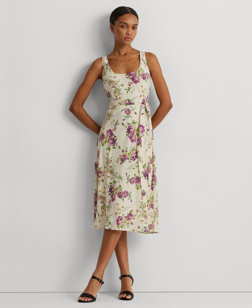 Women's Floral Belted Crepe Sleeveless Dress