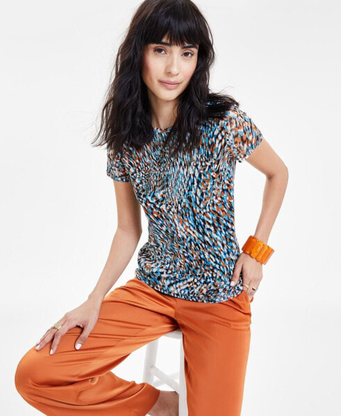 Women's Printed Short-Sleeve Mesh Top, Created for Macy's