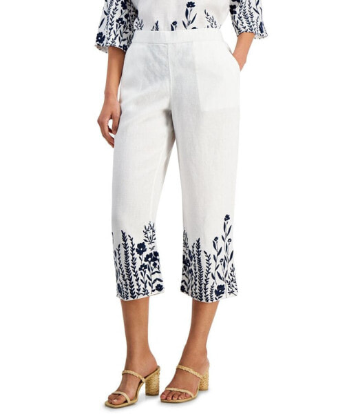 Women's 100% Linen Embroidered Cropped Pants, Created for Macy's