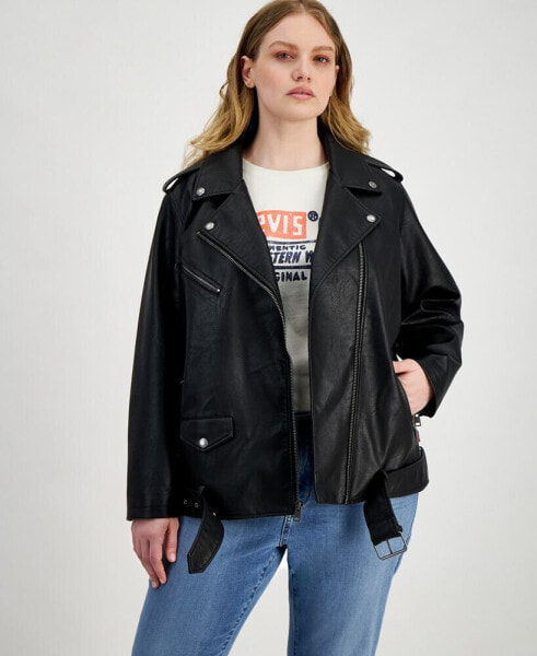 Plus Size Faux Leather Long Line Belted Moto Jacket