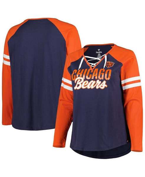 Women's Navy, Orange Chicago Bears Plus Size True to Form Lace-Up V-Neck Raglan Long Sleeve T-shirt