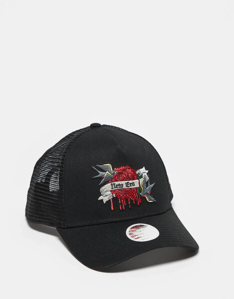 New Era tattoo graphic trucker cap in black