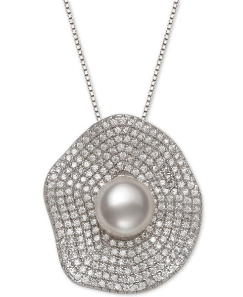 Belle de Mer cultured Freshwater Pearl (8mm) & Cubic Zirconia 18" Pendant Necklace in Sterling Silver