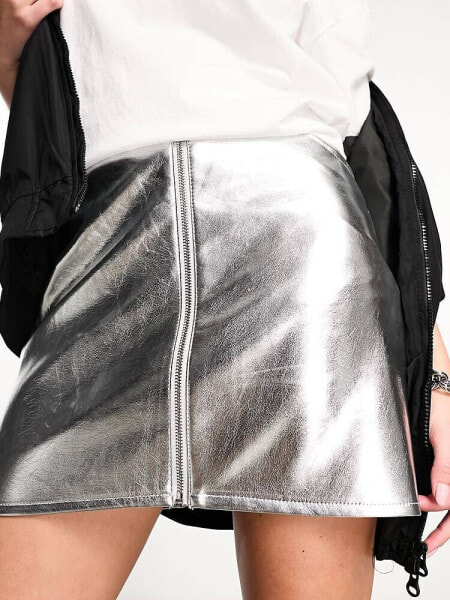 New Look zip through biker mini skirt in silver