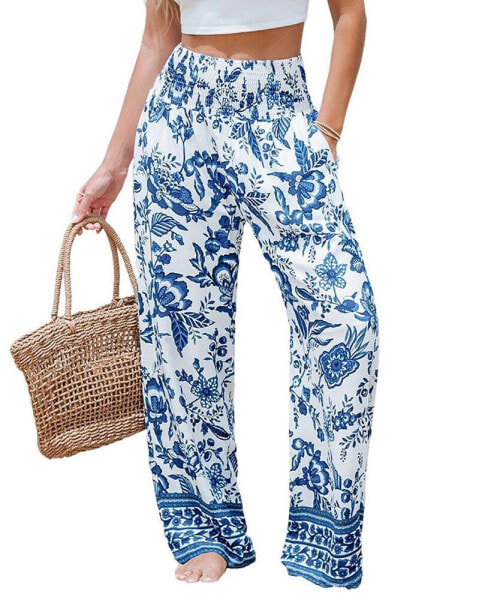 Women's Blue & White Floral Smocked Waist Straight Leg Pants