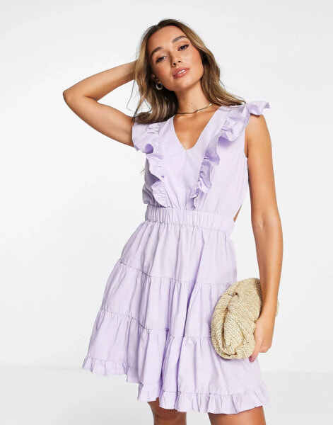 Vila frill detail tie back mini dress in lilac