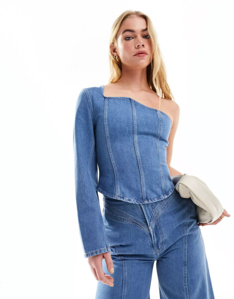 & Other Stories one shoulder asymmetric denim corset shirt in mid wash blue