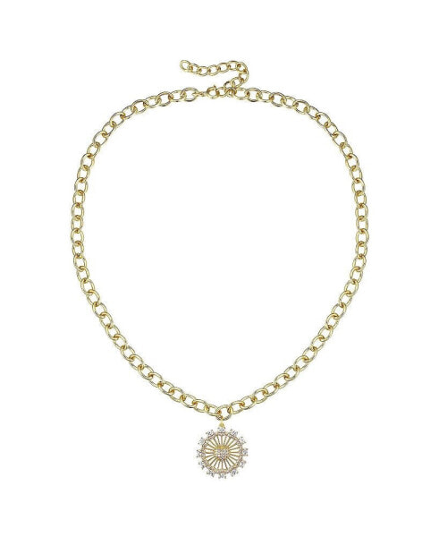 14k Gold Plated with Cubic Zirconia Sunshine Flower Pendant Curb Chain Adjustable Necklace