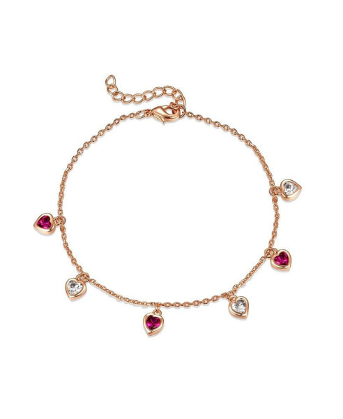 18k Rose Gold Plated with Red & White Cubic Zirconia stones Heart Dangle Charm Adjustable Bracelet