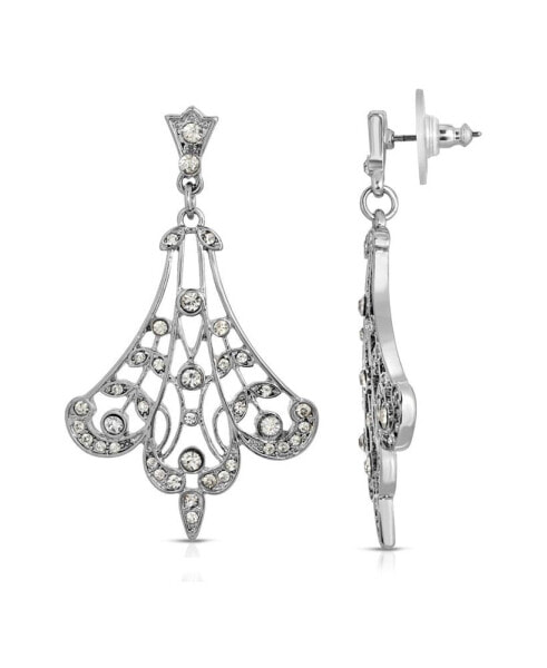 Silver-Tone Crystal Fan Filigree Drop Earrings