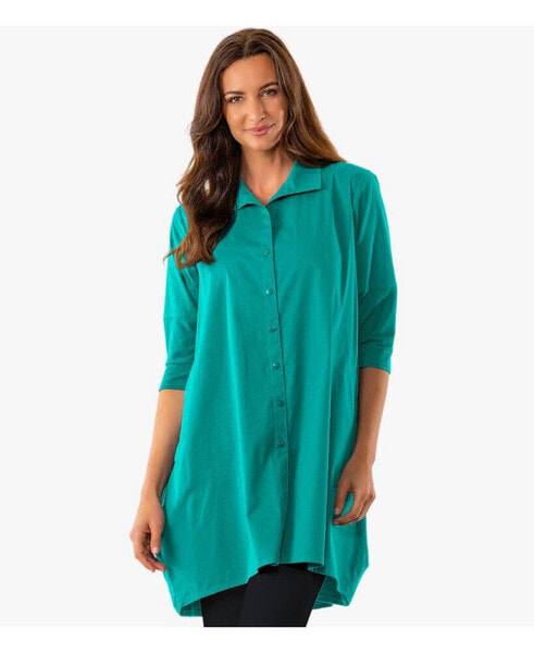 Women's 3/4 Sleeve Button-Front Cotton Poplin Shirt Top Tiburon Tunic Icon