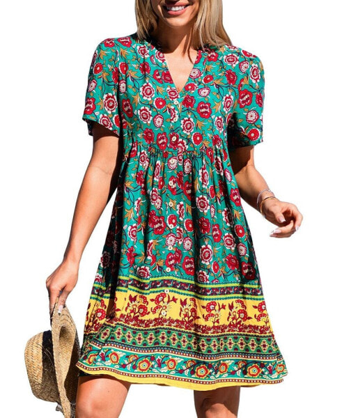 Women's Aqua Floral V-Neck Front Button Mini Beach Dress