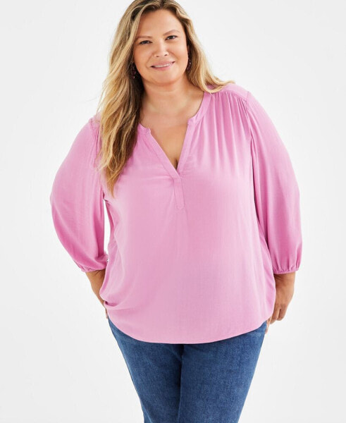 Plus Size Split-Neckline Popover Blouse, Created for Style & Co