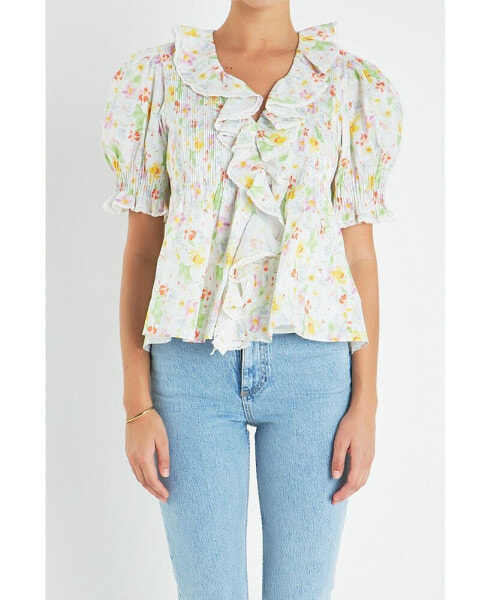 Women's Abstract Floral Print Ruffle Top