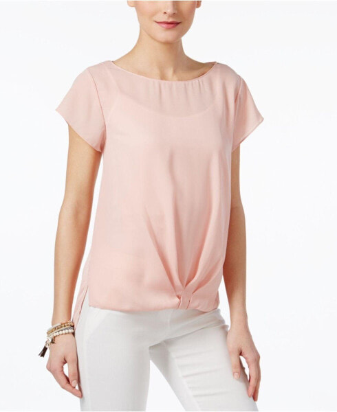 INC International Concepts Women's Short Sleeve Twist Front Blouse Rose Tint M