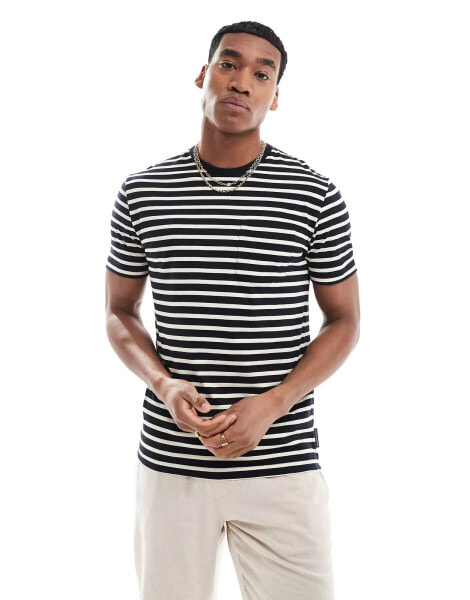 French Connection mid stripe yarn dye pocket t-shirt in navy & ecru