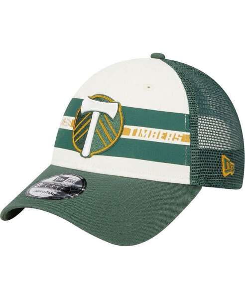 Men's White and Green Portland Timbers Team Stripes 9FORTY Trucker Snapback Hat