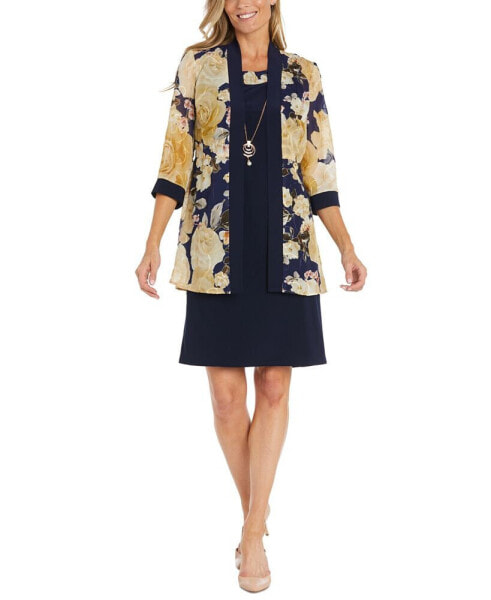 Petite Sleeveless Sheath Dress, Printed Jacket & Necklace Set