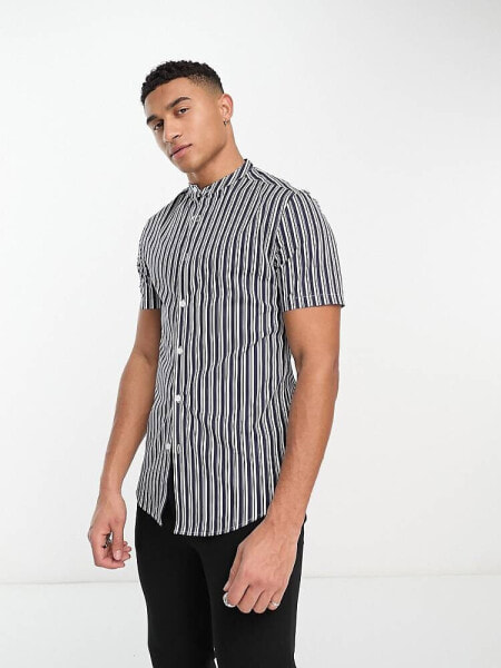 ASOS DESIGN skinny stripe shirt with roll sleeve and grandad collar in navy/white