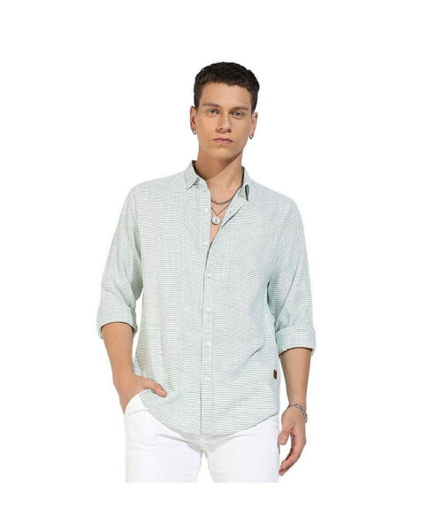 Men's White & Green Horizontal Chalk Striped Shirt