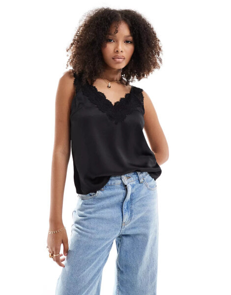 YAS satin cami with lace detail in black - BLACK