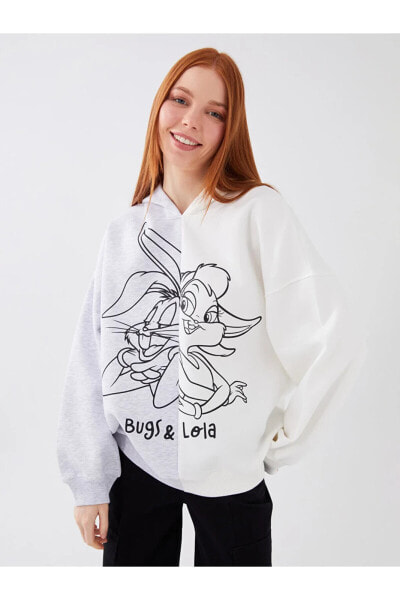 Bugs Bunny Baskılı Uzun Kollu Oversize Kadın Hoodie